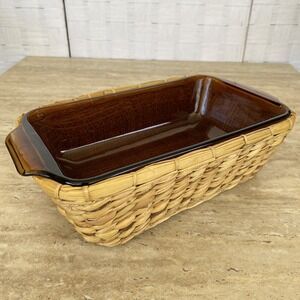 Anchor Hocking Fire King Loaf Pan Amber Glass 1 Qt w/ Wicker Basket Vintage MCM